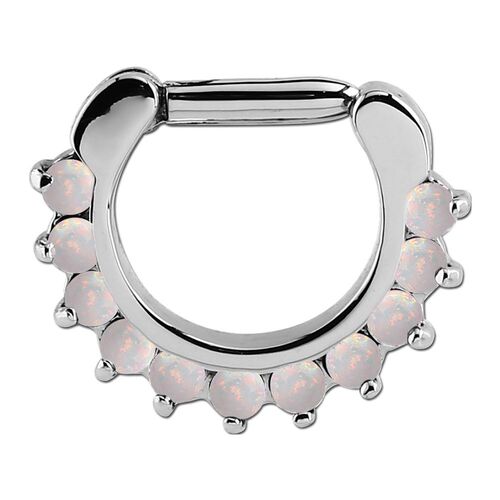 Synthetic Opal Septum Prong Set Jewelled Clicker : 1.2mm (16ga) x 6mm x White