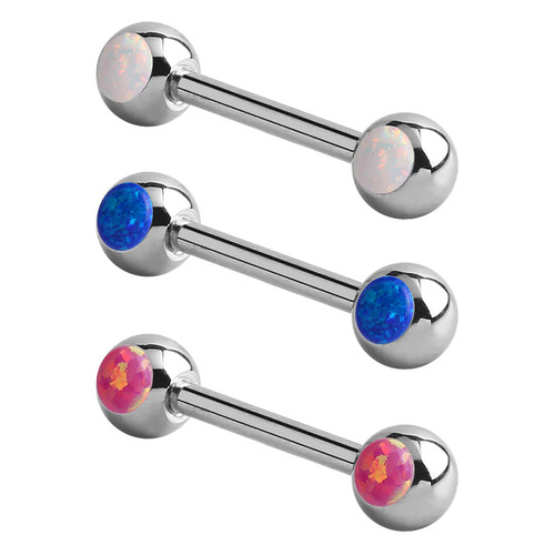 Steel Double Jewelled Opal Nipple Barbell : 1.6mm (14ga) x 14mm x White Opal