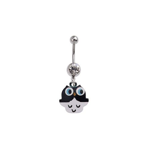 Black and White Owl Charm Fashion Navel : 1.6mm (14ga) x 10mm x Clear Crystal