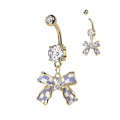 Double CZ Navel With Checkered Ribbon Dangle 