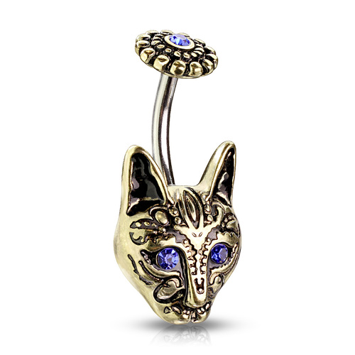 Tribal Cat with Blue Crystal Eyes and Blue Crystal Center Flower Top Navel
