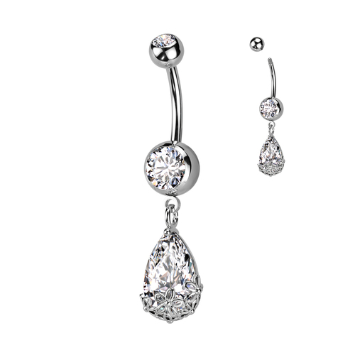 Double Jeweled CZ With Pear CZ Floral Prong Set Dangle Navel