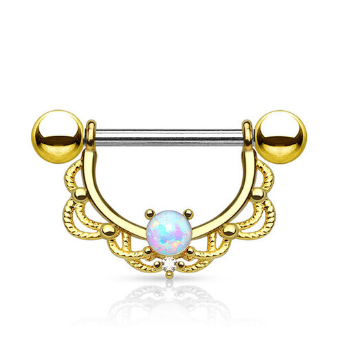 Prongset Opal Filigree Nipple Barbell : 1.6mm (14ga) x 16mm x Bright Gold