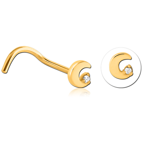 Bright Gold PVD Jewelled Moon Nose Stud : 0.8mm (20ga) x Pony Tail x Clear Crystal