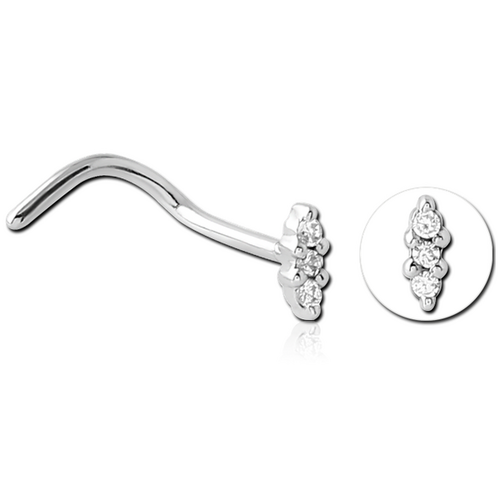 Surgical Steel Triple Jewelled Ellipse Nose Stud : 0.8mm (20ga) x Pony Tail x Clear Crystal