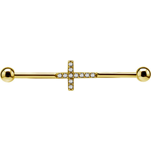 Bright Gold Jewel Cross Industrial Bar : 1.6mm (14ga) x 34mm
