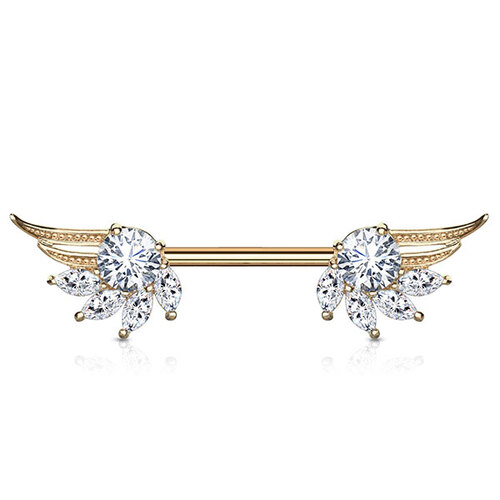 Prongset Jewelled Angel Wing Nipple Barbell : 1.6mm (14ga) x 14mm x Rose Gold