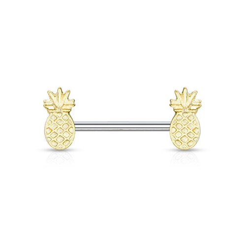 Gold Plated Pineapples with Steel Nipple Barbell : 1.6mm (14ga) x 14mm