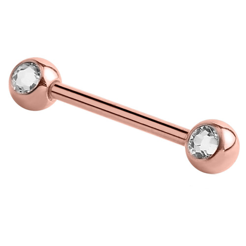 Rose Gold Double Jewelled Nipple Barbell : 1.6mm (14ga) x 12mm x Clear Crystal