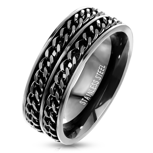Black Double Chain Stainless Steel Spinner Ring