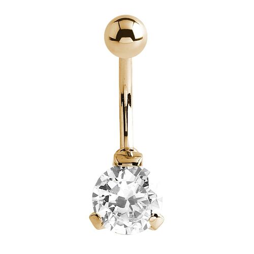Bright Gold Single Round Prong Set Navel : 1.6mm (14ga) x 10mm x Clear Crystal