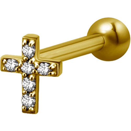Bright Gold Decorative Jewelled Cross Micro Barbell : 1.2mm (16ga) x 6mm Clear Crystal