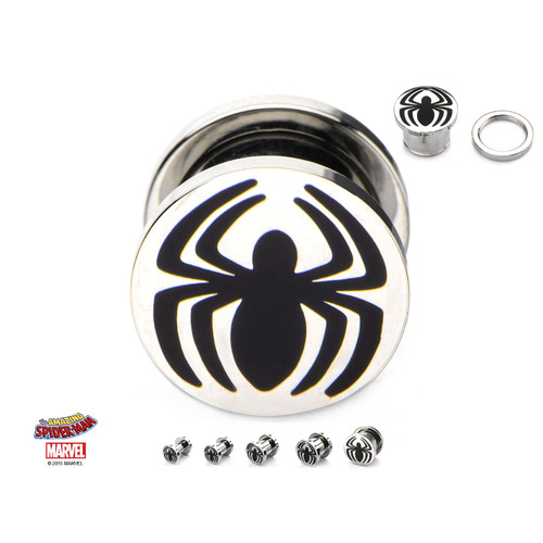 Screw Fit Steel Plug with Black Enamel Spider-man Logo Front