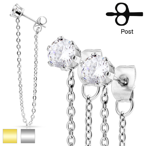 Pair of Stainless Steel Chain Drop Set Earring Studs