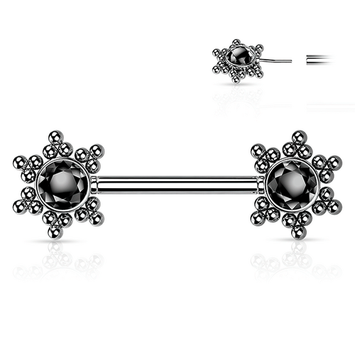 Threadless Beaded Star Jewelled Cluster Silver Plated Decorative Nipple Barbell : 1.6mm (14ga) x 14mm BK