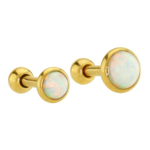 Gold Plated Opal Cabochon Disc Barbell : 1.2mm (16ga) x 6mm x 4mm x White