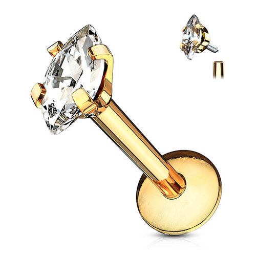 Internally Threaded Surgical Steel Jewelled Marquise Labret : 1.2mm (16ga) x 6mm Bright Gold
